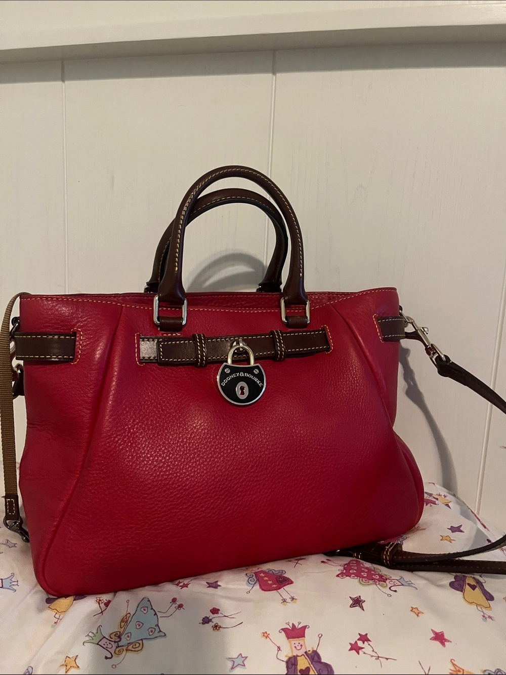 Dooney & Bourke Red Leather Satchel with Brown Trim and Silver Lock